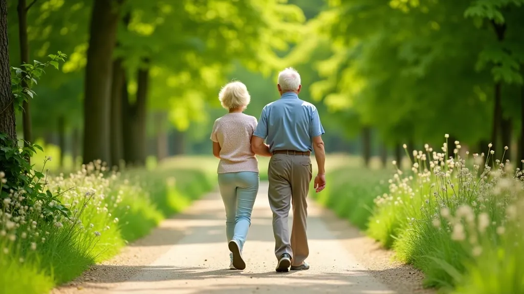 Pár seniorů se procházkou v přírodním prostředí