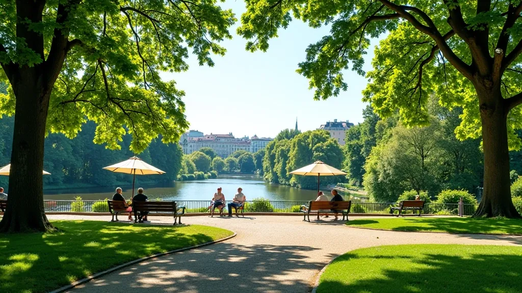 Letná park v Praze — výhled na Vltavu a staré Město, hřiště a odpočinkové zóny se slunečníky